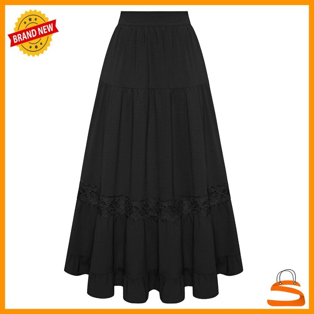 Boho Midi Skirt with Pockets, Elastic Waist, Lace Trim, Tiered A-Line